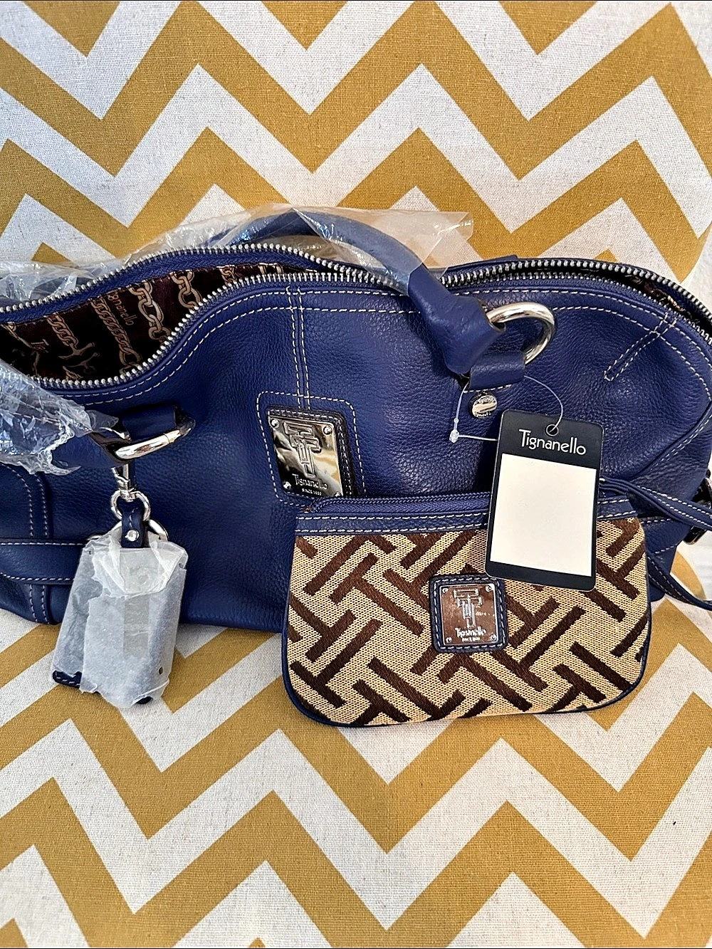 Tignanello Blue Tote with Matching Geometric and Blue Trim Wristlet